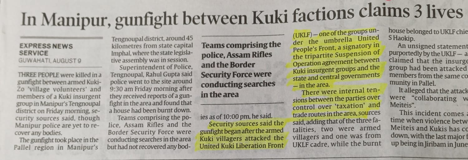 In Manipur gunfight between Kuki factions claims 3 lives.