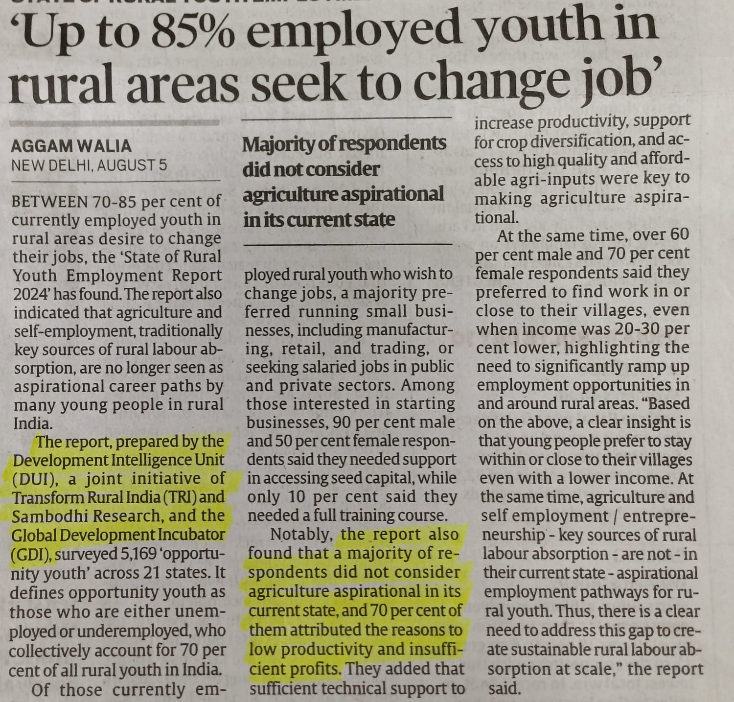 Up to 85 % employed youth in rural areas seek to change job-